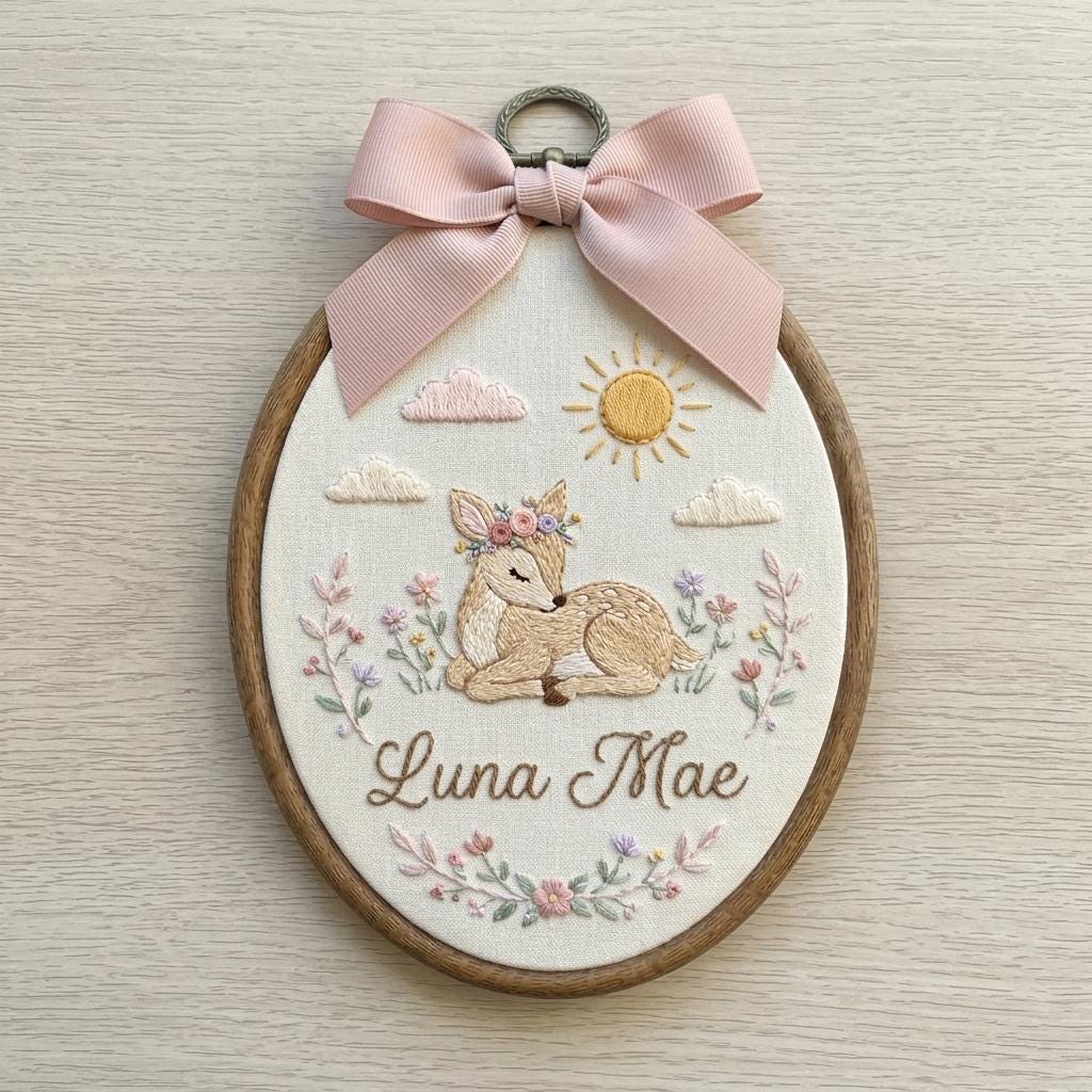 Personalized Deer Embroidery Hoop, Custom Name Nursery Art, Woodland Baby Keepsake