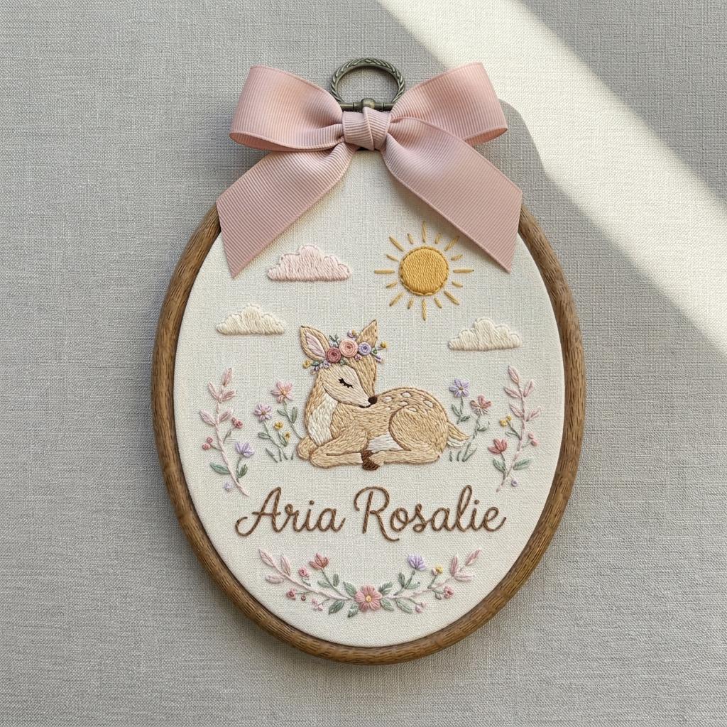 Personalized Deer Embroidery Hoop, Custom Name Nursery Art, Woodland Baby Keepsake