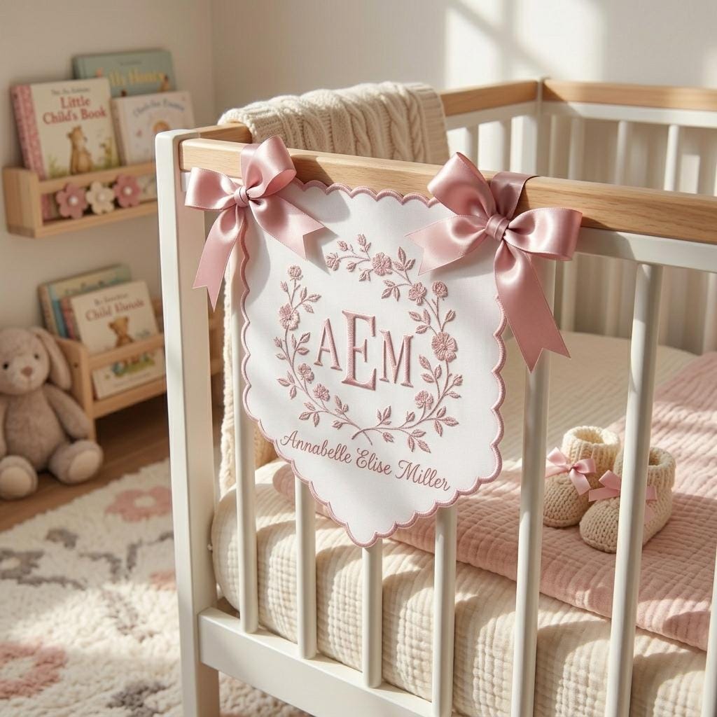 Custom Embroidered Baby Name Banner, Personalized Floral Nursery Decor, Baby Shower Keepsake