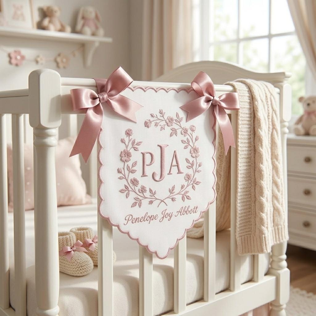 Custom Embroidered Baby Name Banner, Personalized Floral Nursery Decor, Baby Shower Keepsake