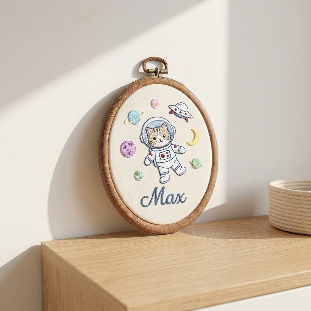 Personalized Astronaut Cat Embroidery Hoop, Custom Name Nursery Decor, Baby Shower Gift