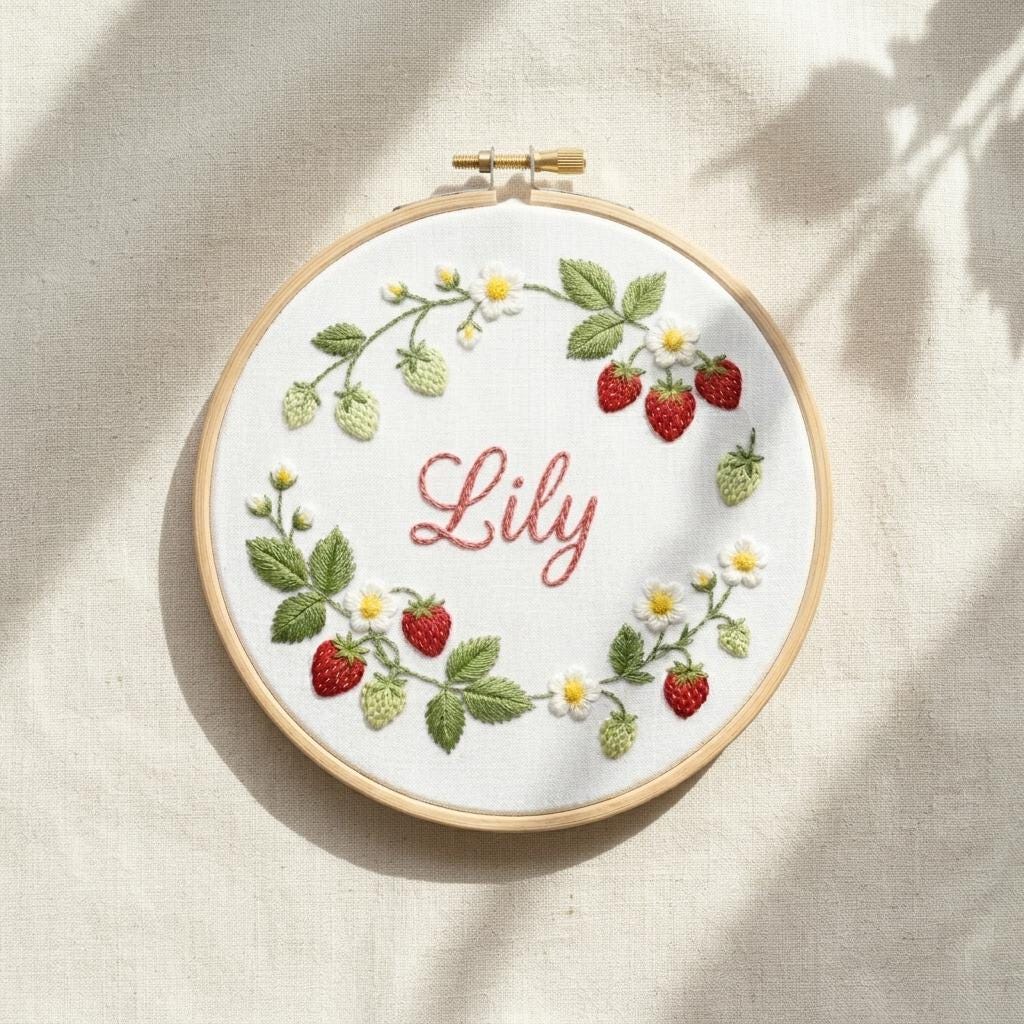 Personalized Baby Name Embroidery Hoop, Strawberry Floral Nursery Decor, Custom Baby Shower Gift, Birthday Gift, Grandma Gift