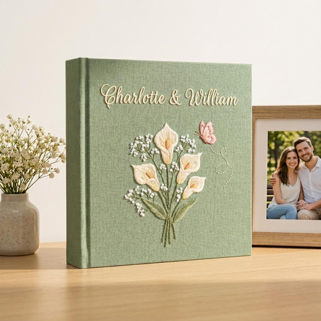 Personalized Embroidered Wedding Photo Album, Custom Bridal Shower Gift, Newlywed Memory Book, Floral Keepsake Album