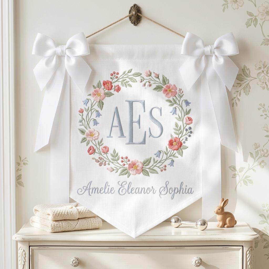 Personalized Embroidered Baby Banner, Custom Name Nursery Decor, Floral Monogram Flag