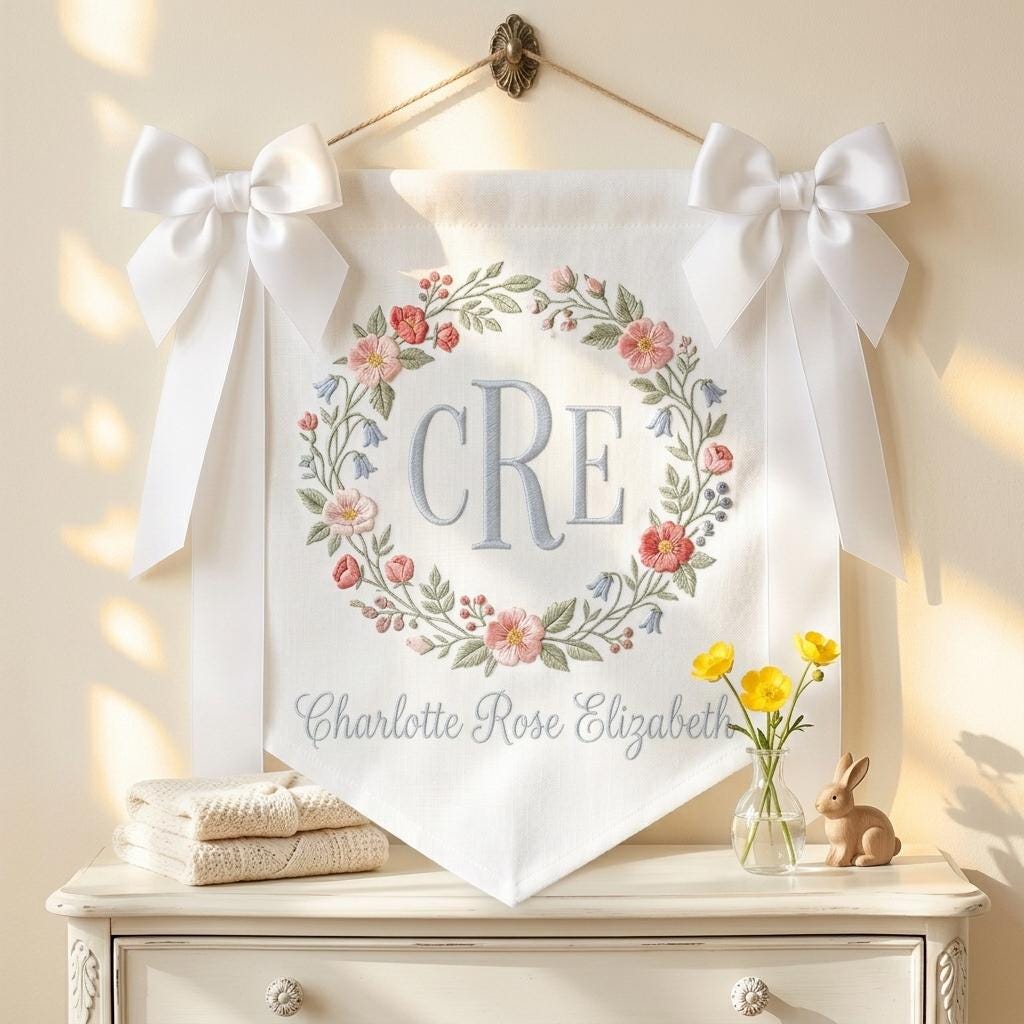 Personalized Embroidered Baby Banner, Custom Name Nursery Decor, Floral Monogram Flag