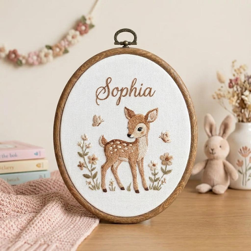 Personalized Deer Embroidery Hoop, Woodland Nursery Decor, Baby Shower Gift, Custom Baby Name Wall Art