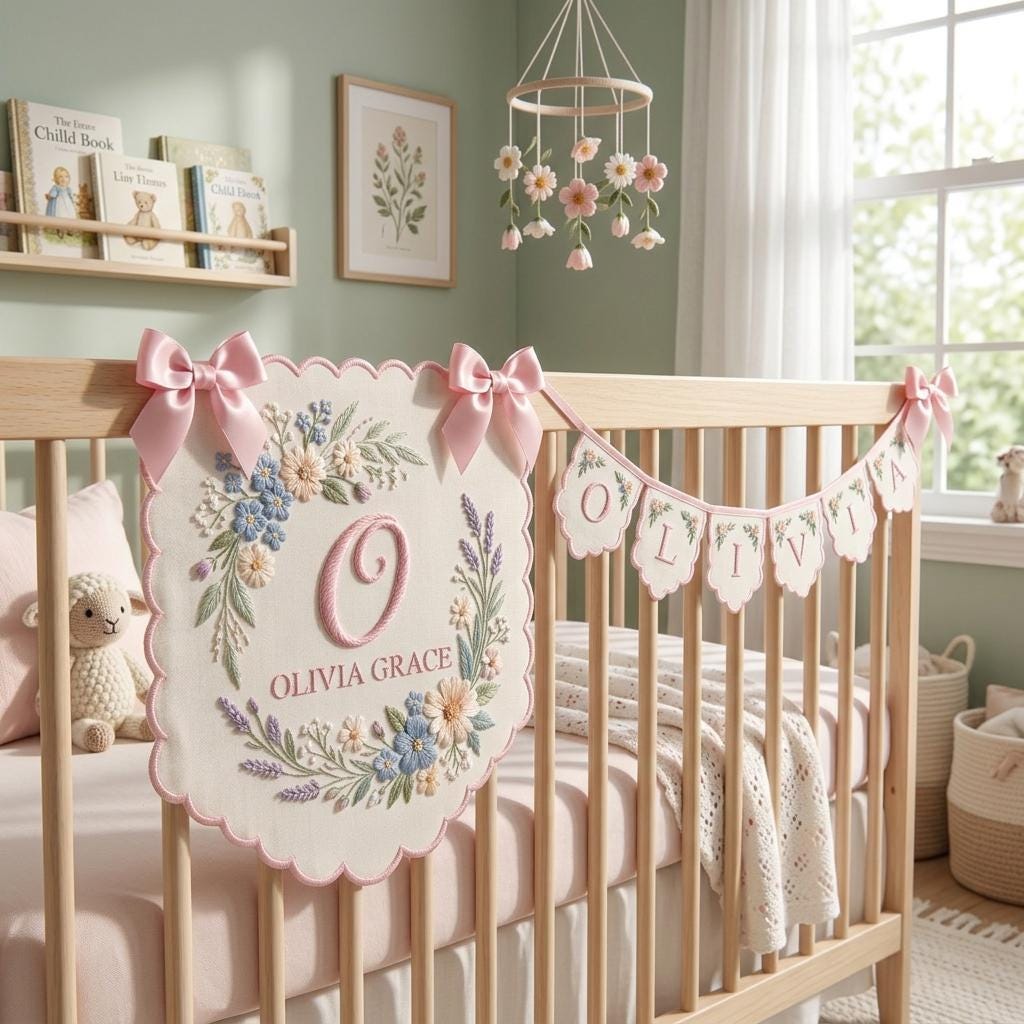 Personalized Embroidered Baby Name Banner, Floral Nursery Keepsake, Vintage Crib Decor, Hospital Door Sign