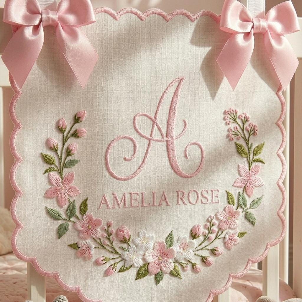 Personalized Floral Baby Banner, Custom Embroidered Nursery Banner, Baby Shower Gift, Monogram Nursery Decor, Gender Reveal Sign