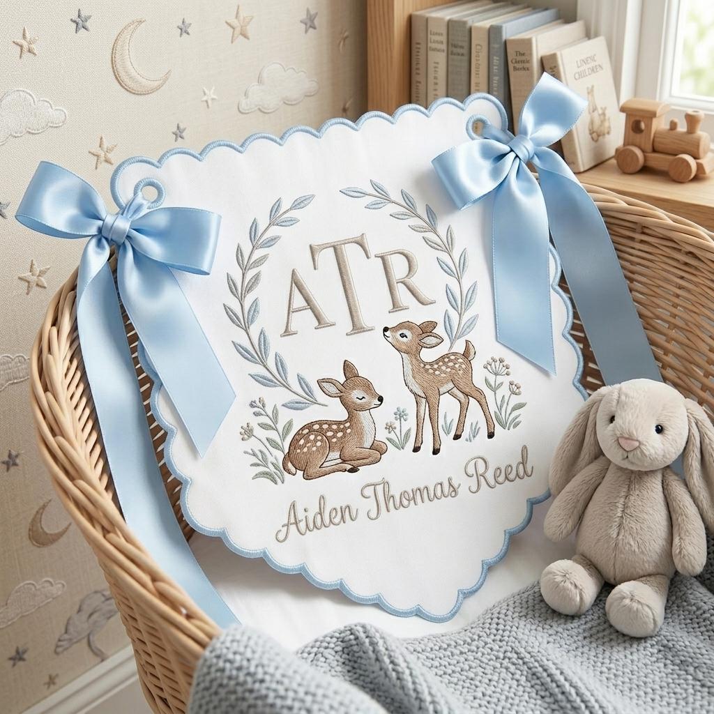 Personalized Baby Crib Banner | Embroidered Deer Nursery Banner | Baby Shower Gift | Custom Name Nursery Decor