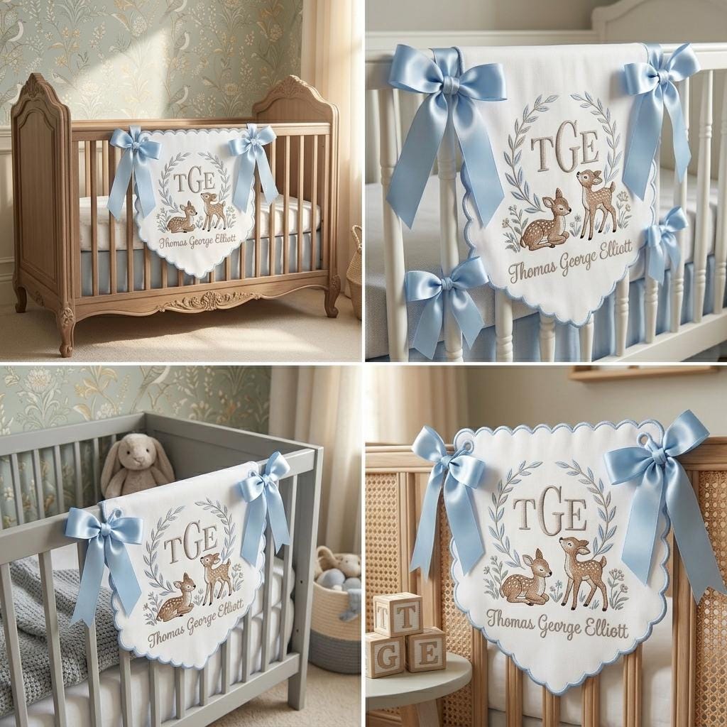 Personalized Baby Crib Banner | Embroidered Deer Nursery Banner | Baby Shower Gift | Custom Name Nursery Decor