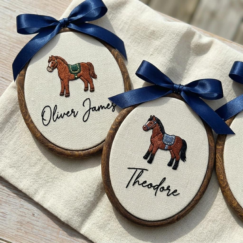 Personalized Horse Baby Ornament, Embroidered Baby Shower Gift, Custom Nursery Decor