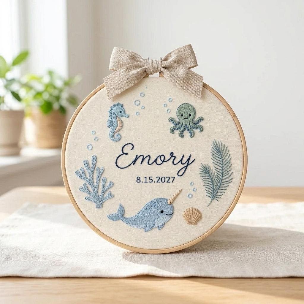 Personalized Ocean Embroidery Hoop, Baby Nursery Wall Decor, Marine Animal Baby Gift, Custom Sea Life Embroidered Hoop