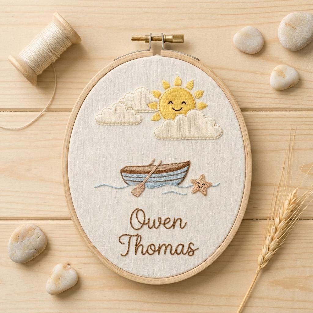 Personalized Coastal Baby Name Hoop, Custom Embroidered Nursery Hoop, Nautical Baby Shower Gift Decor