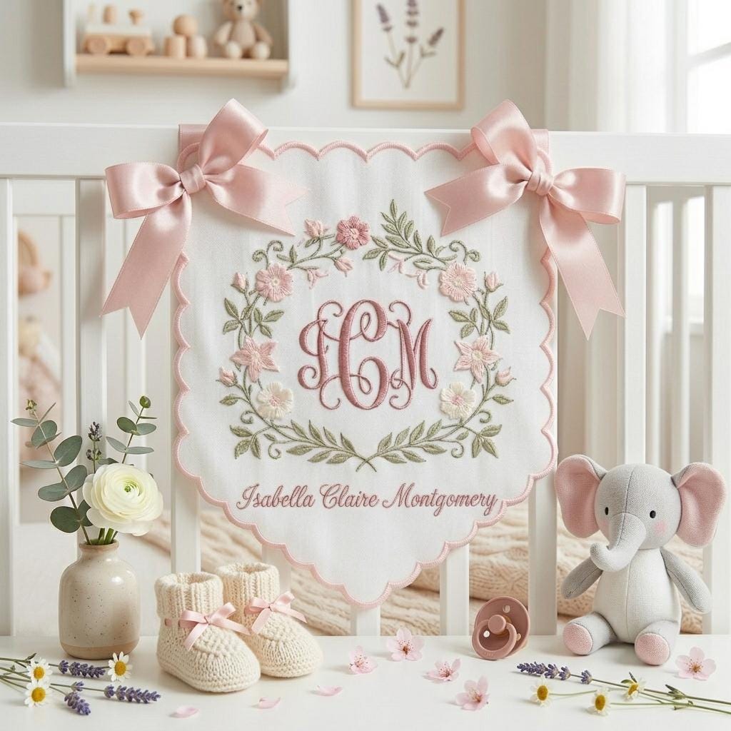 Personalized Baby Name Embroidered Banner, Custom Monogram Nursery Banner, Baby Shower Gift, Gender Reveal Crib Decor