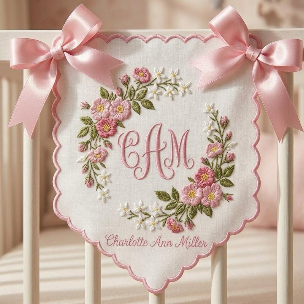 Personalized Baby Name Banner, Custom Monogram Nursery Banner, Baby Shower Gift, Embroidered Crib Banner Girl