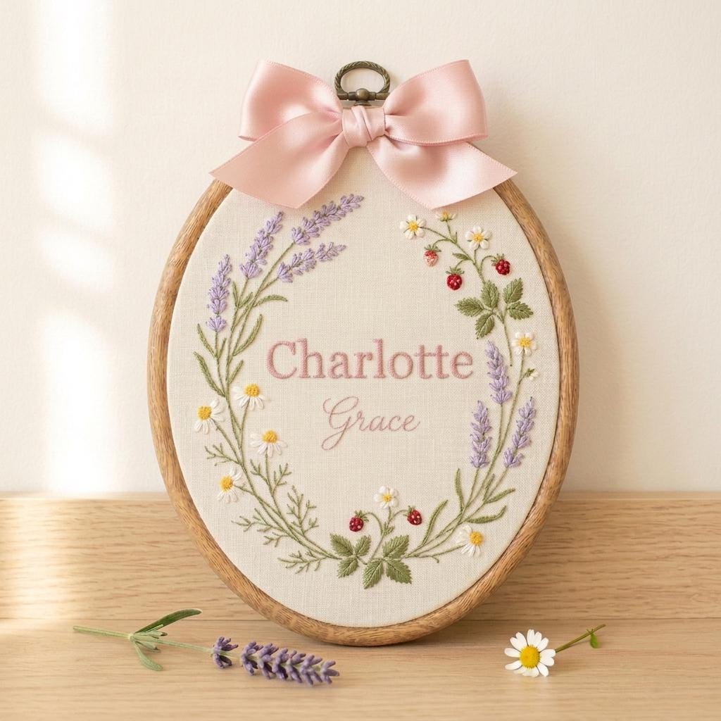 Personalized Floral Embroidery Ornament, Custom Baby Name Hoop Nursery Decor