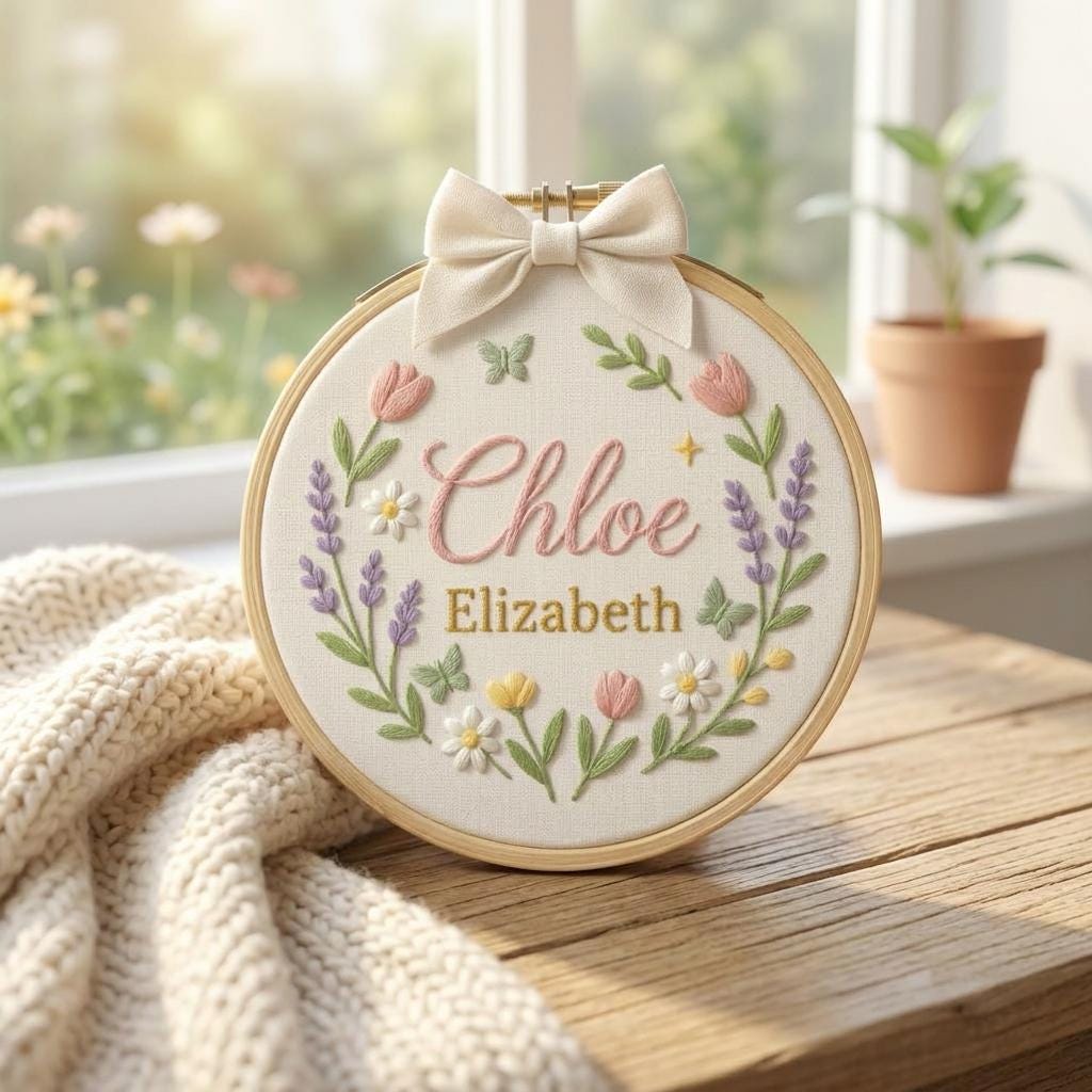 Personalized Embroidered Baby Name Hoop, Floral Nursery Decor, Newborn Name Sign
