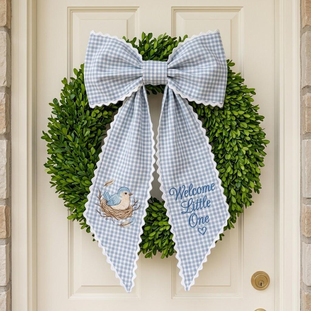 Personalized Embroidered Newborn Bow Sash, Baby Announcement Stork Decor, Hospital Door Bow