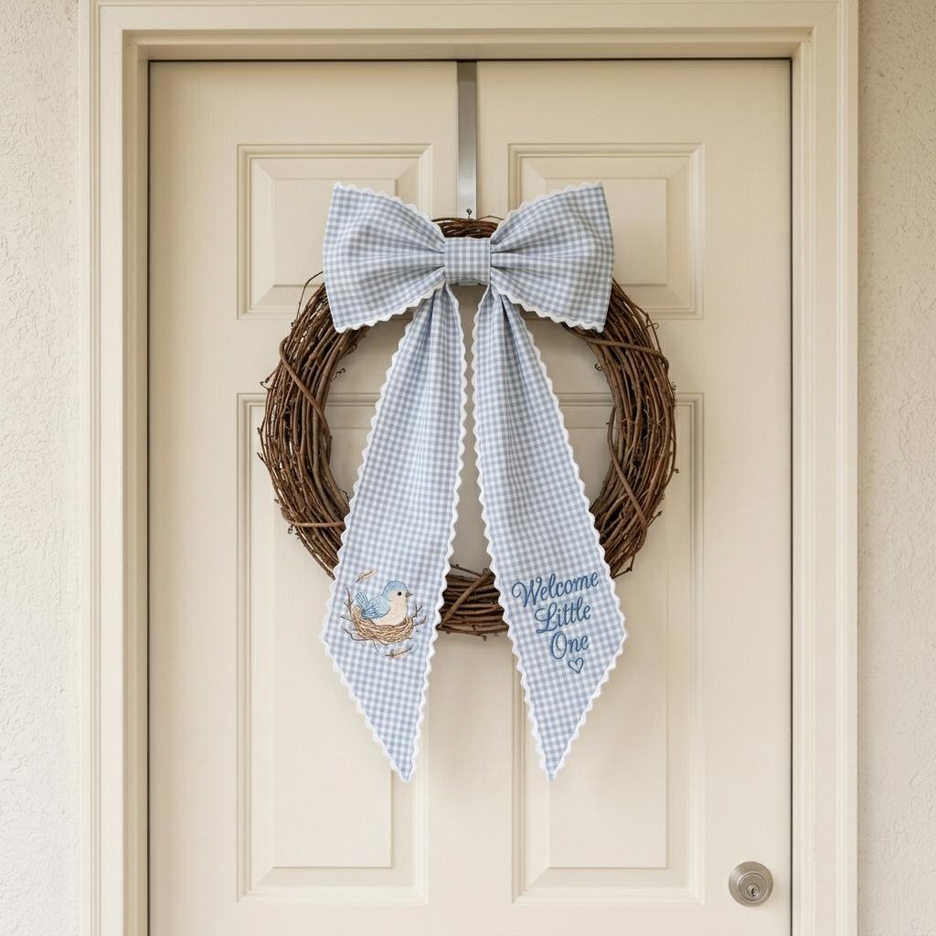 Personalized Embroidered Newborn Bow Sash, Baby Announcement Stork Decor, Hospital Door Bow