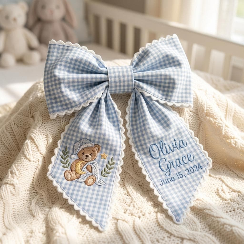Personalized Embroidered Newborn Bear Sash, Baby Announcement Decor, Hospital Door Bow