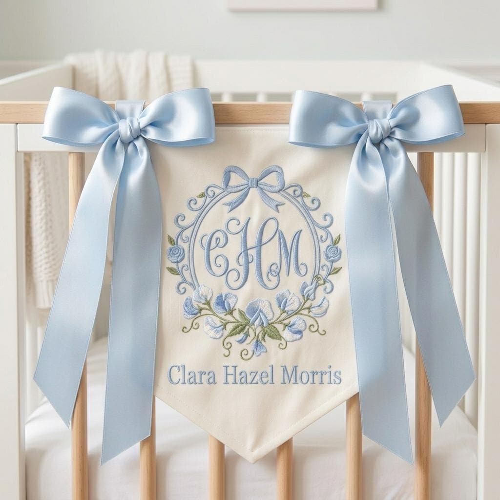 Monogram Nursery Decoration, Embroidered Floral Baby Name Banner