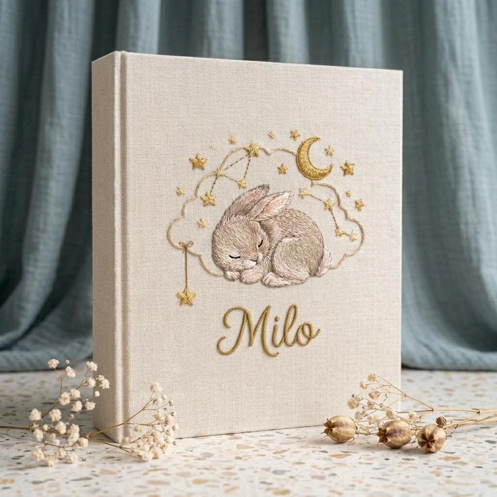 Personalized Embroidered Baby Photo Album, Woodland Bunny Memory Book, Newborn Gift