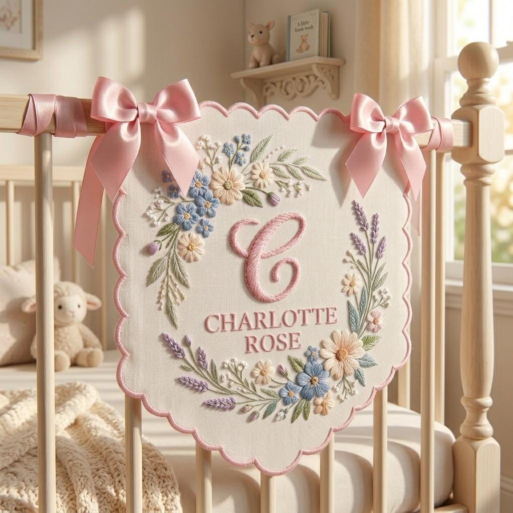 Personalized Embroidered Baby Name Banner, Floral Nursery Keepsake, Vintage Crib Decor, Hospital Door Sign