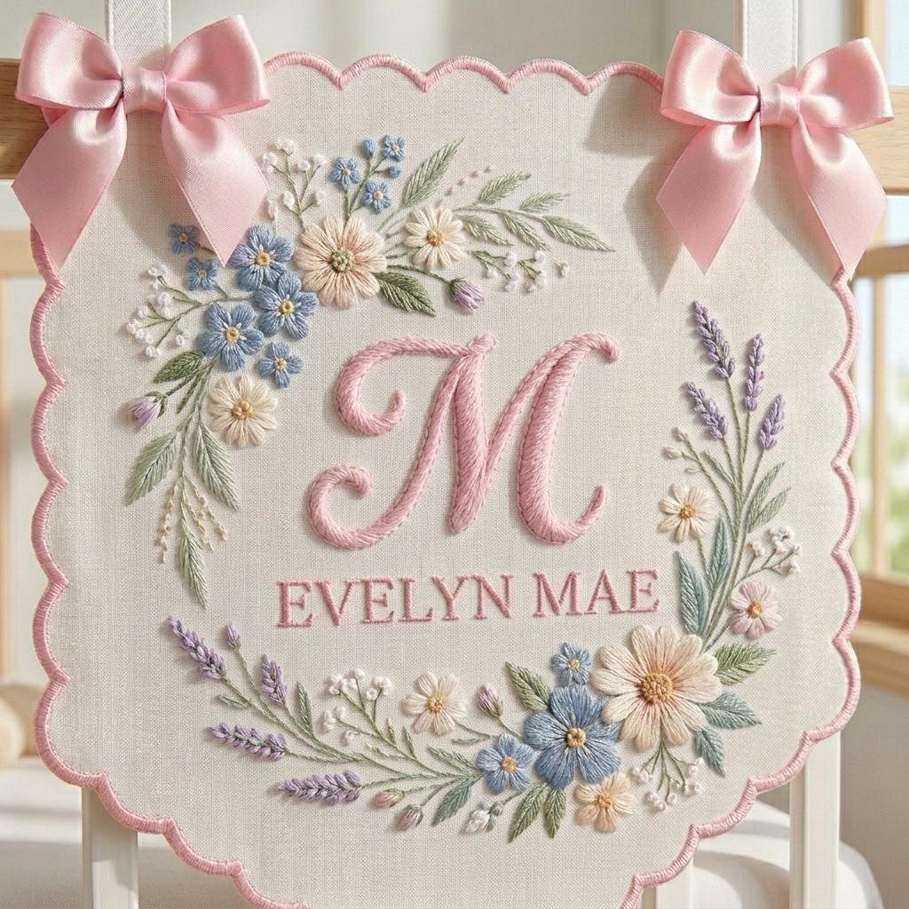 Personalized Embroidered Baby Name Banner, Floral Nursery Keepsake, Vintage Crib Decor, Hospital Door Sign
