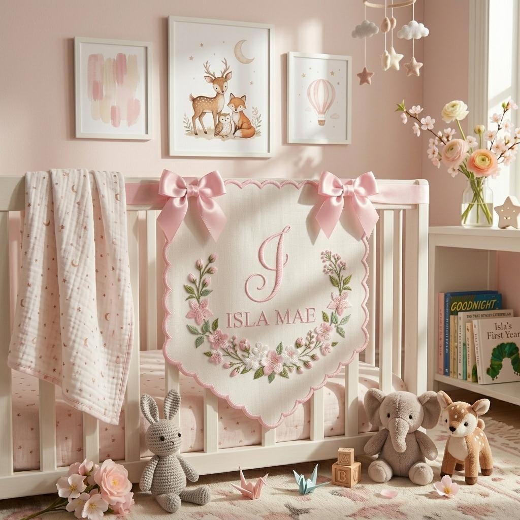 Personalized Floral Baby Banner, Custom Embroidered Nursery Banner, Baby Shower Gift, Monogram Nursery Decor, Gender Reveal Sign