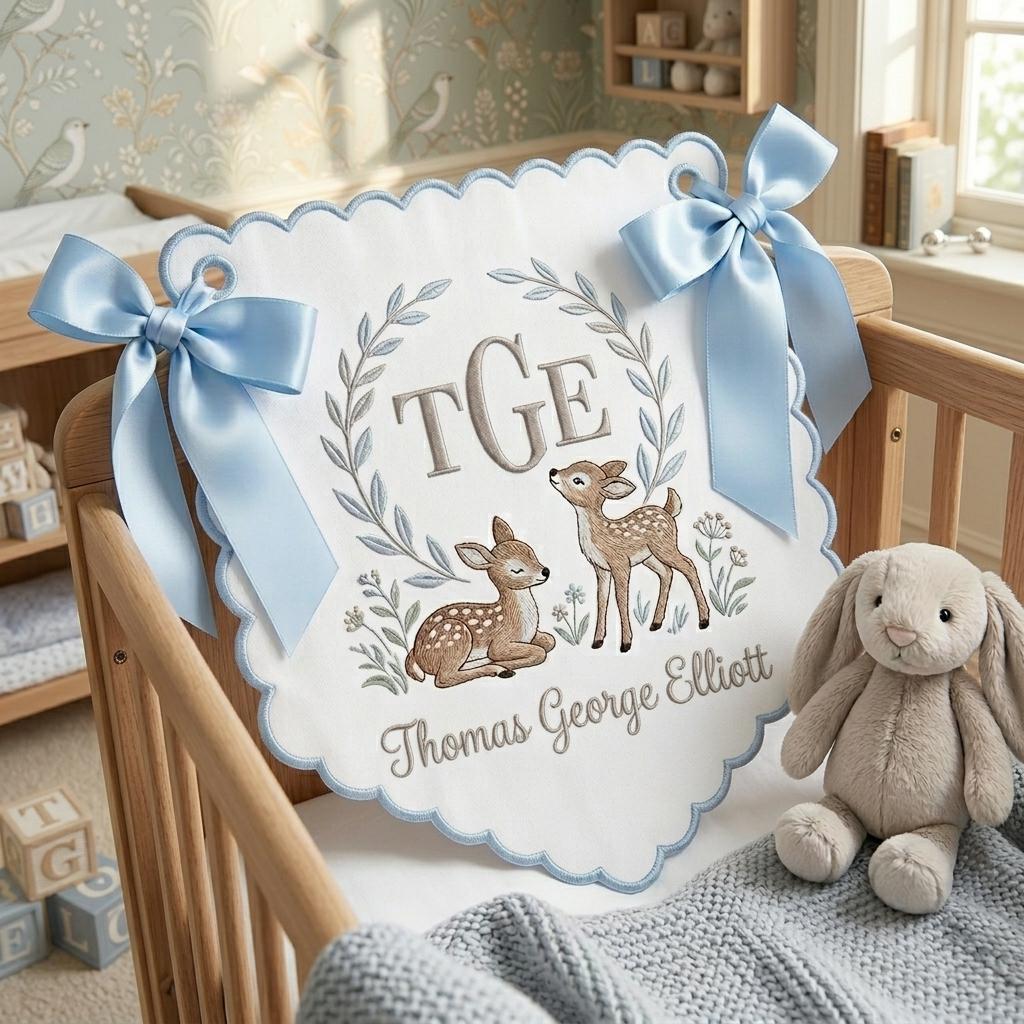 Personalized Baby Crib Banner | Embroidered Deer Nursery Banner | Baby Shower Gift | Custom Name Nursery Decor
