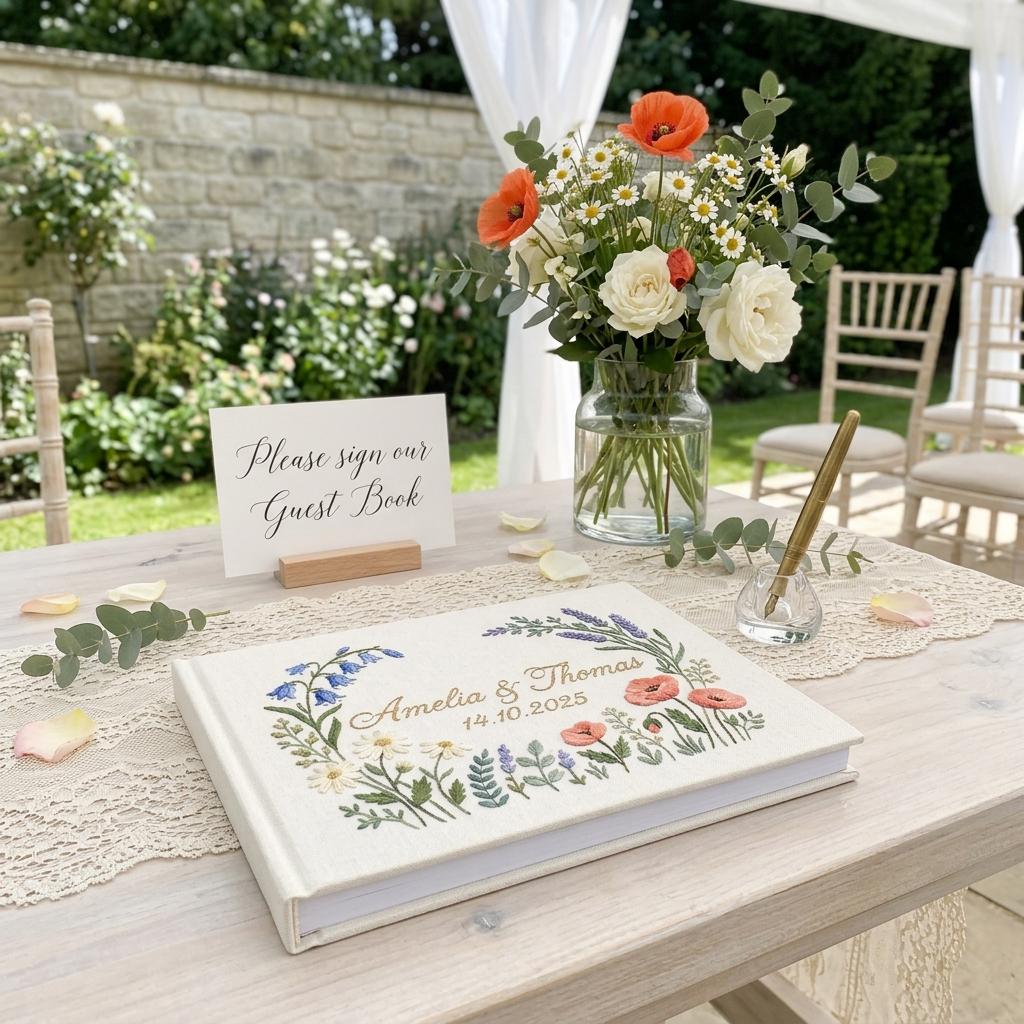 Personalized Embroidered Floral Wedding Guest Book, Custom Keepsake Memory Book