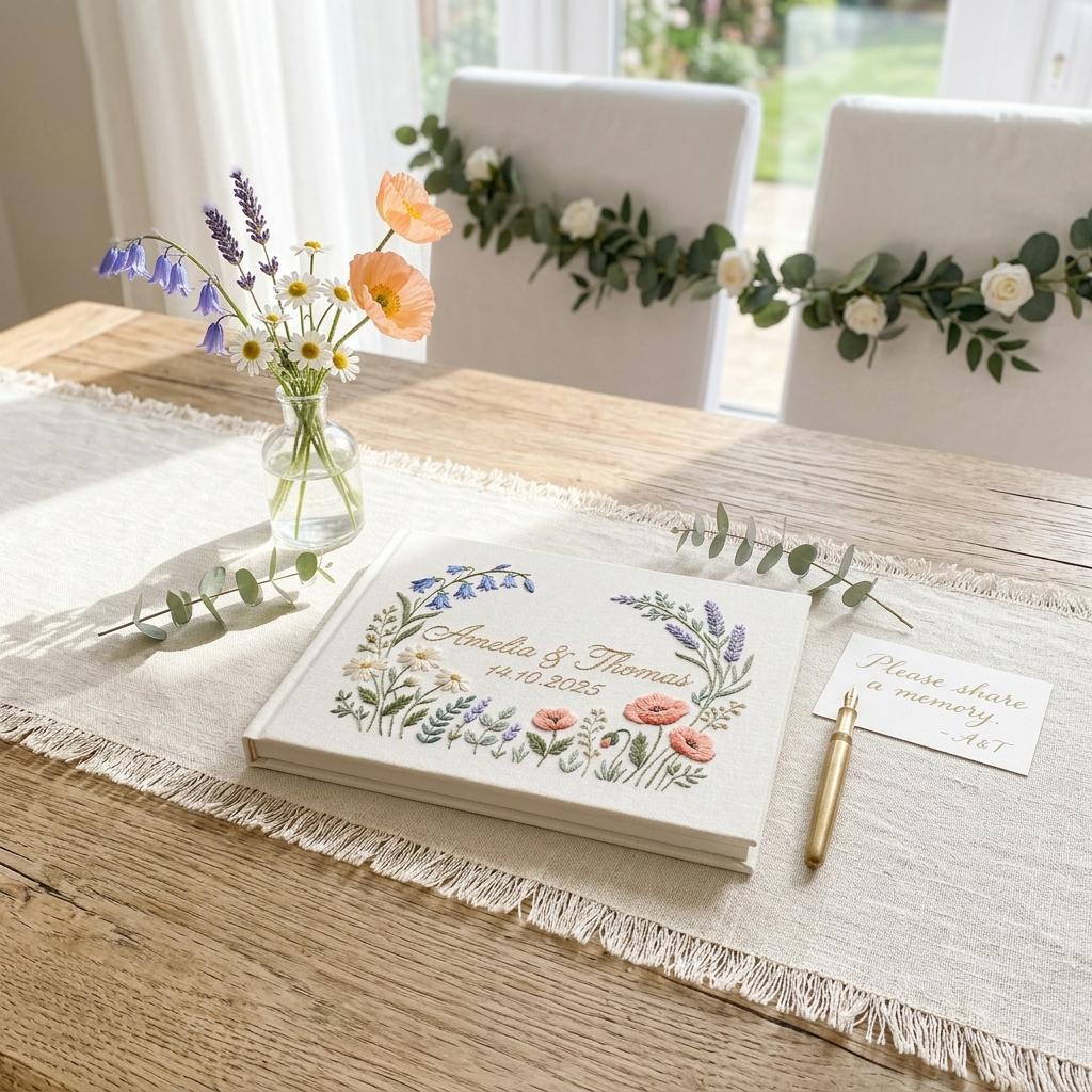 Personalized Embroidered Floral Wedding Guest Book, Custom Keepsake Memory Book