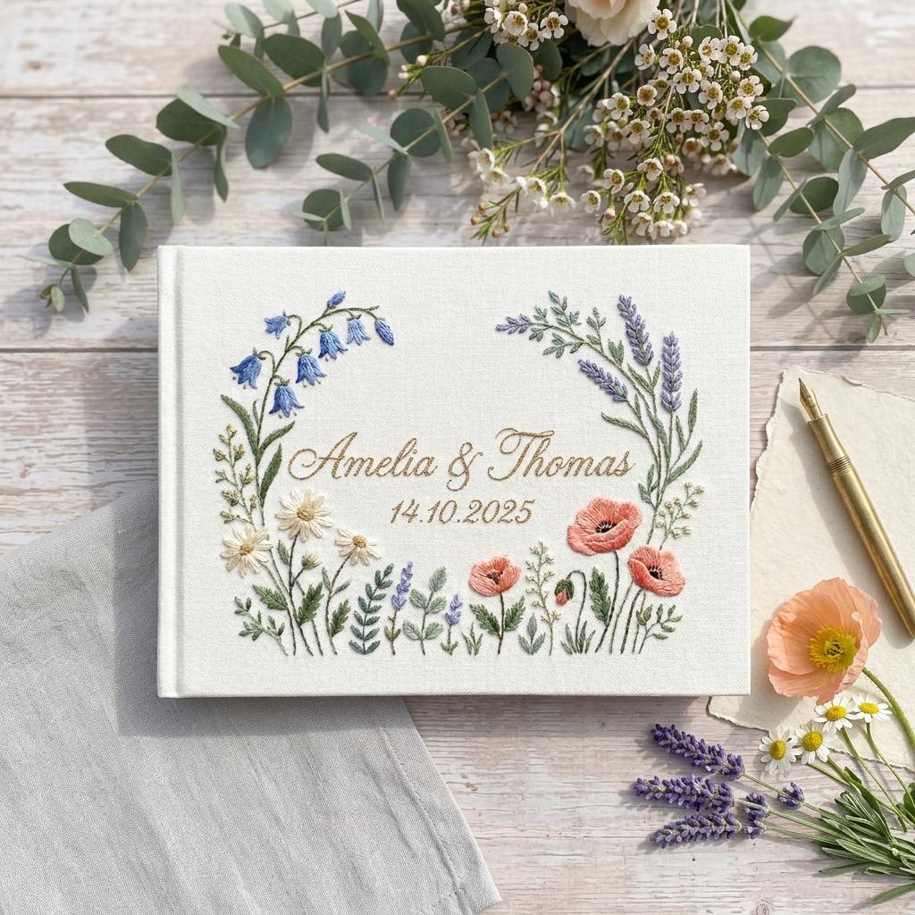 Personalized Embroidered Floral Wedding Guest Book, Custom Keepsake Memory Book