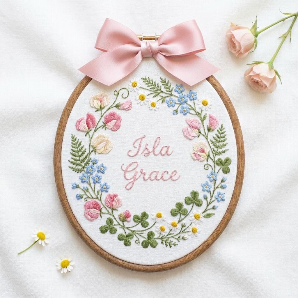 Embroidered Floral Baby Name Hoop, Custom Nursery Decor, Baby Shower Gift Sign