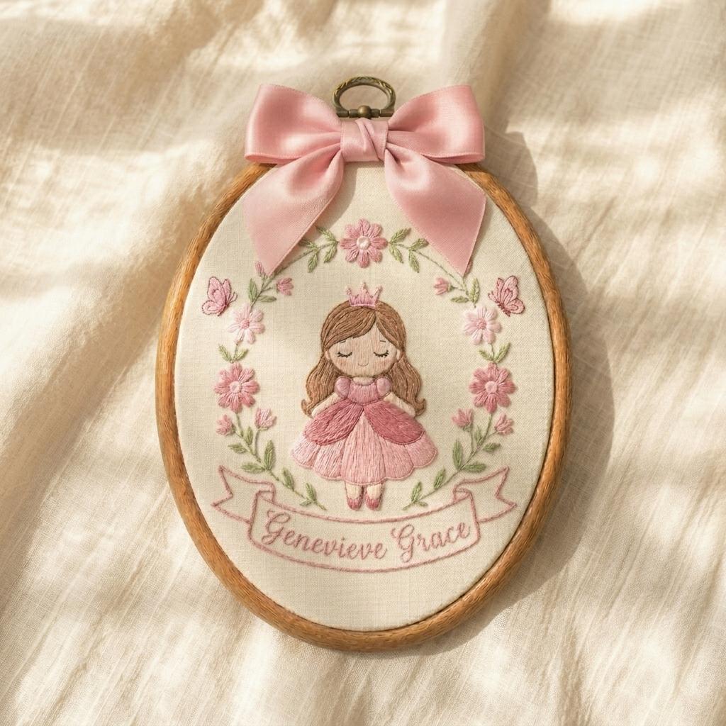 Personalized Princess Embroidery Hoop | Baby Name Nursery Decor | Custom Baby Girl Hoop Art | Floral Nursery Gift