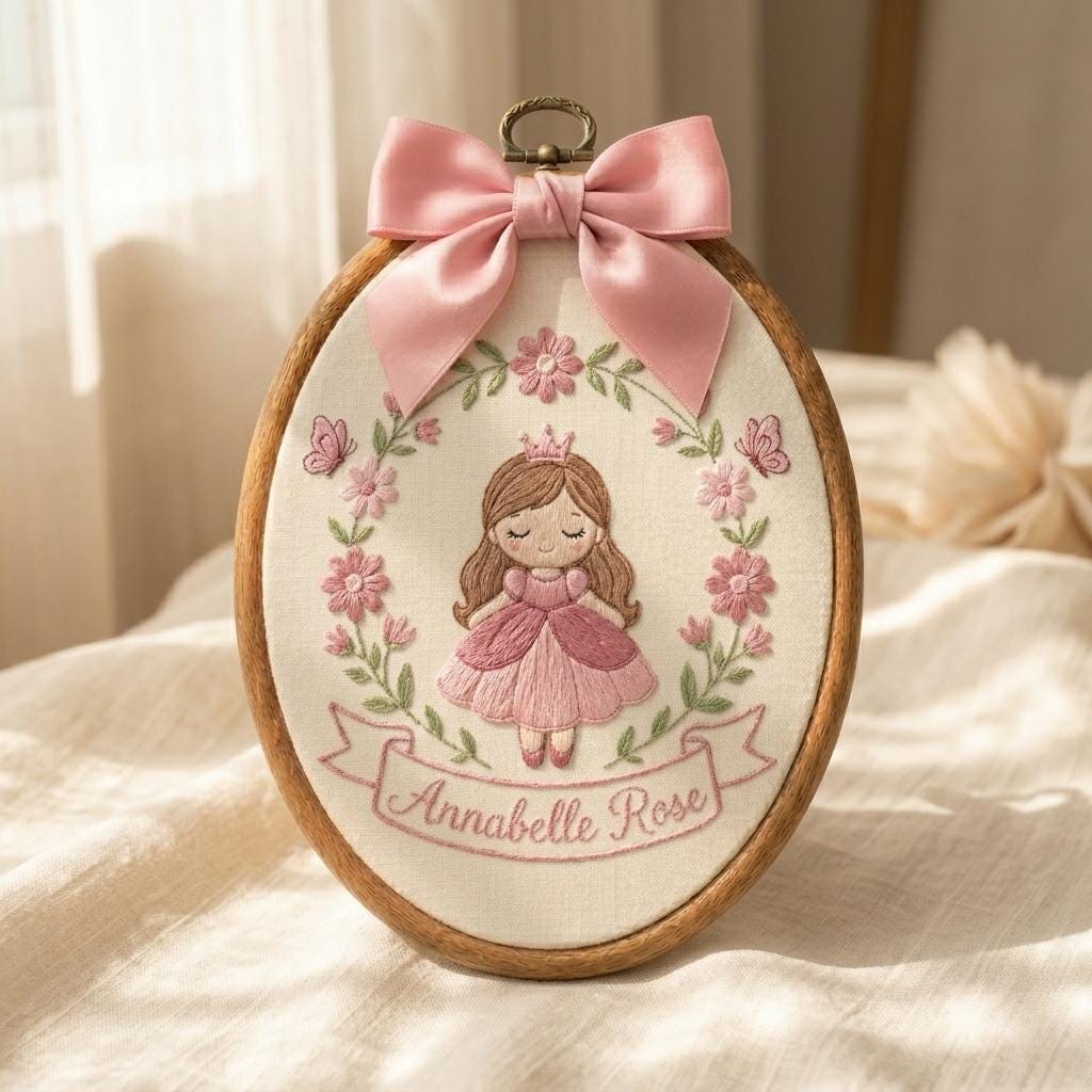 Personalized Princess Embroidery Hoop | Baby Name Nursery Decor | Custom Baby Girl Hoop Art | Floral Nursery Gift