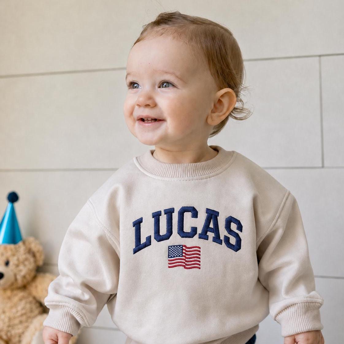 Personalized Name Toddler Sweatshirt, Retro American Flag, 4th of July Patriotic Toddler Shirt