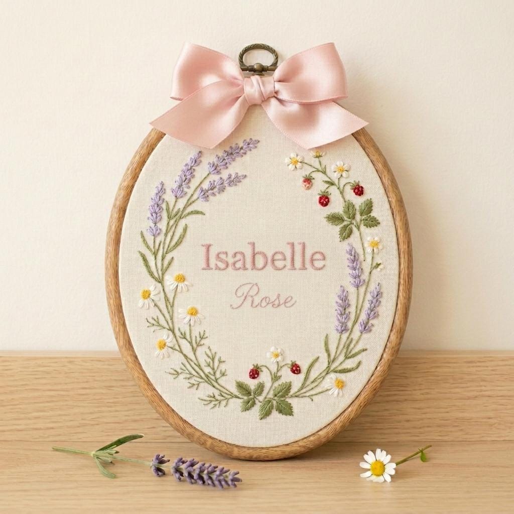 Personalized Floral Embroidery Ornament, Custom Baby Name Hoop Nursery Decor