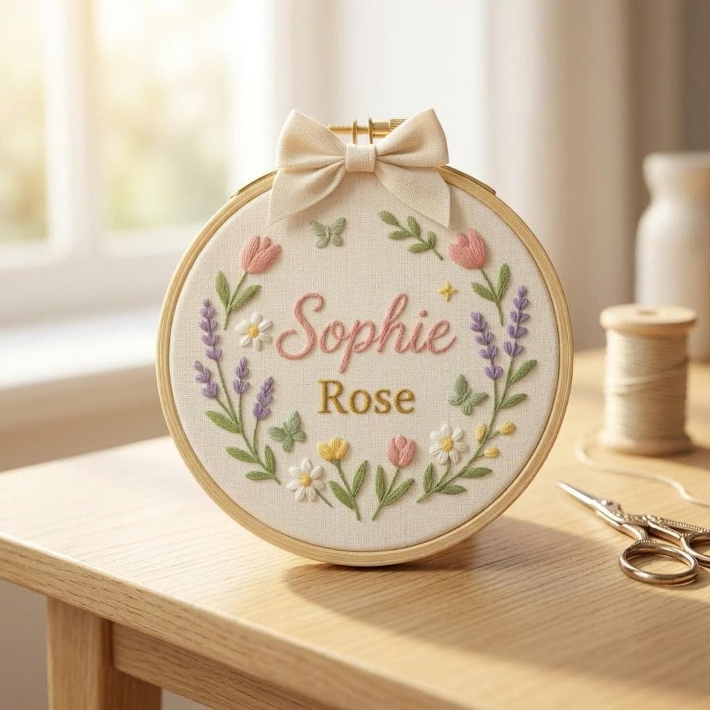 Personalized Embroidered Baby Name Hoop, Floral Nursery Decor, Newborn Name Sign