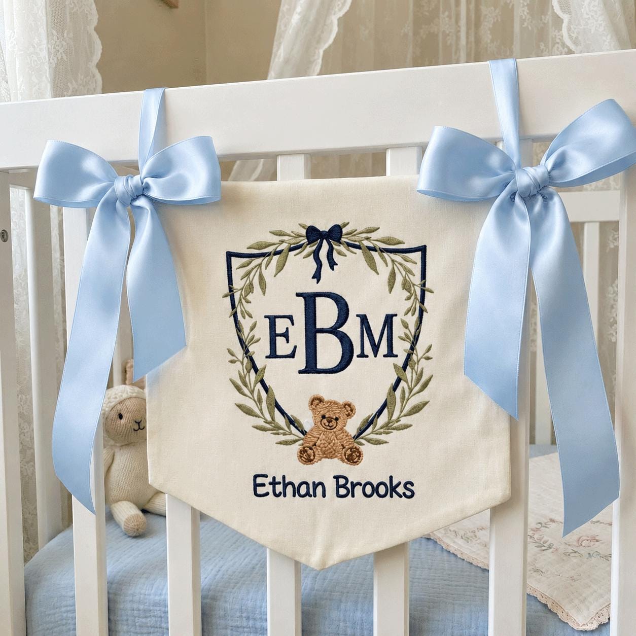 Personalized Baby Banner Embroidered, Custom Crib Banner Monogram, Custom Nursery Name Sign, Teddy Bear Baby Room Decor Gift