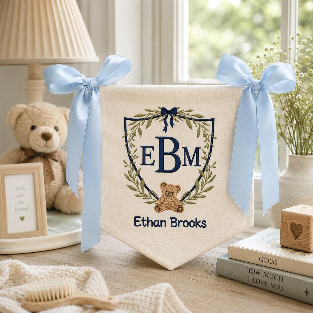 Personalized Baby Banner Embroidered, Custom Crib Banner Monogram, Custom Nursery Name Sign, Teddy Bear Baby Room Decor Gift