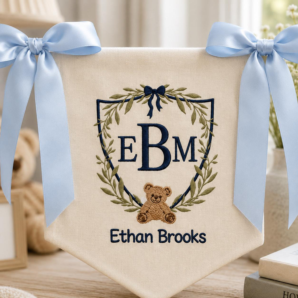 Personalized Baby Banner Embroidered, Custom Crib Banner Monogram, Custom Nursery Name Sign, Teddy Bear Baby Room Decor Gift