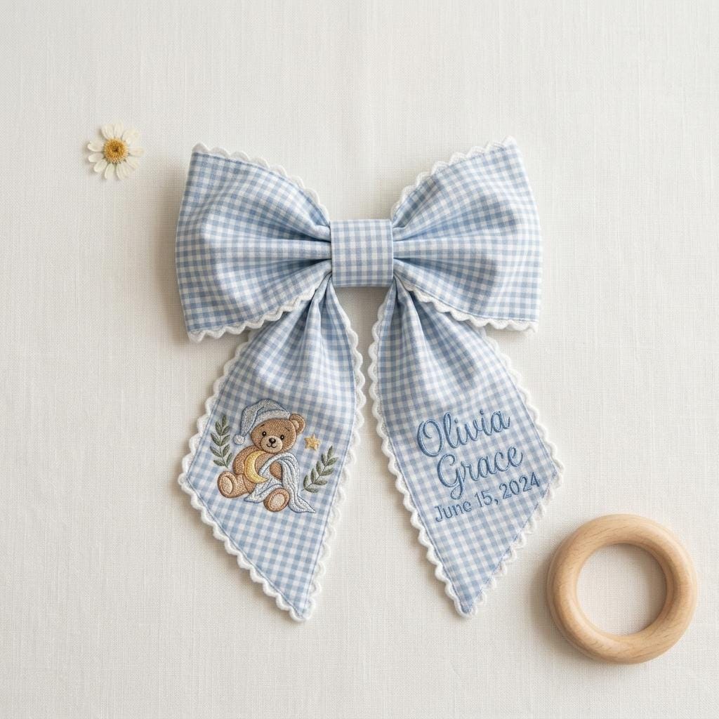 Personalized Embroidered Newborn Bear Sash, Baby Announcement Decor, Hospital Door Bow