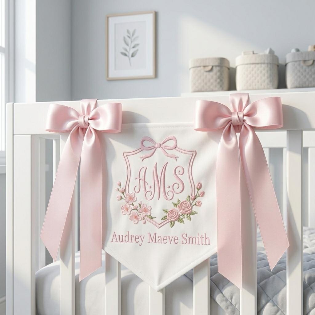 Personalized Embroidered Baby Banner, Floral Crest Nursery Decor, Baby Shower Gift