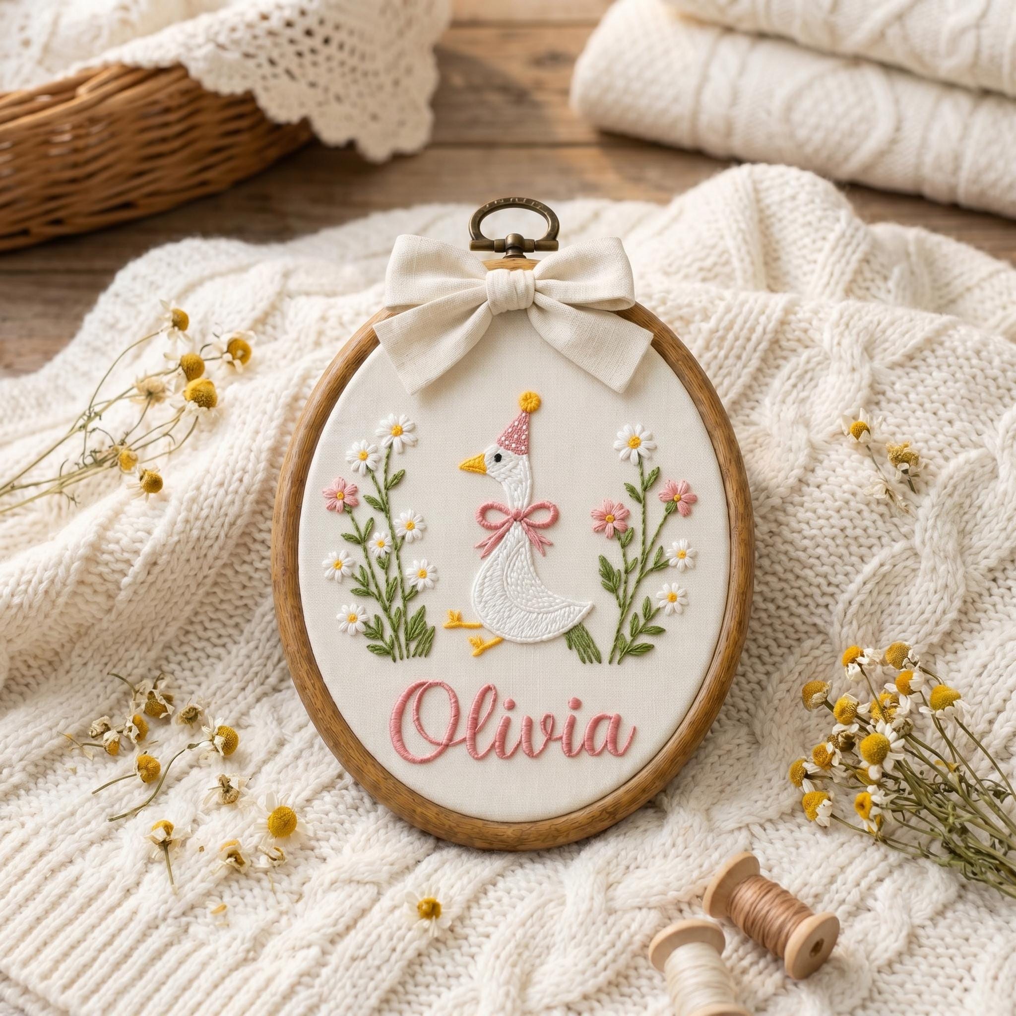 Baby Name Sign Embroidered with Goose and Florals, Personalized Newborn Birth Announcement Plaque, Gift for New Mum