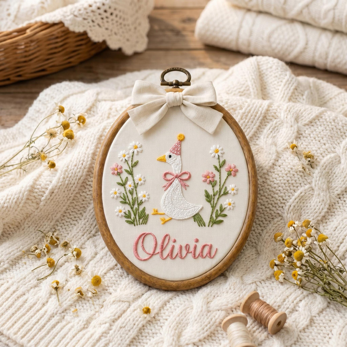 Baby Name Sign Embroidered with Goose and Florals, Personalized Newborn Birth Announcement Plaque, Gift for New Mum