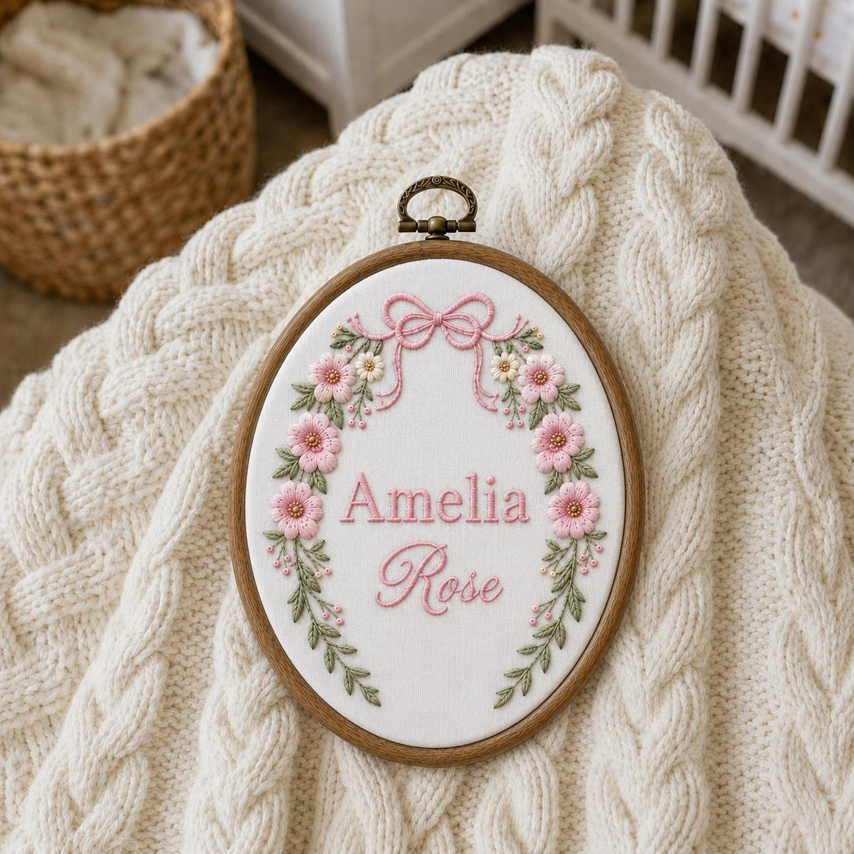 Custom Embroidered Floral Baby Name Sign, Nursery Hoop Art Keepsake