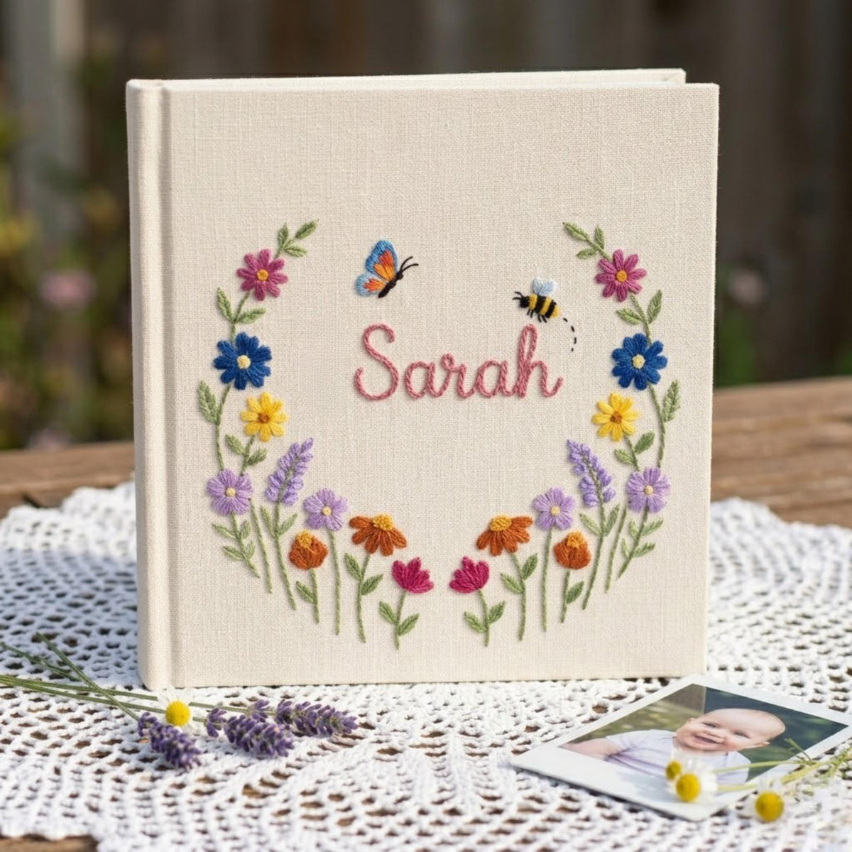 Personalized Baby Photo Album with Name, Custom Embroidered Linen Wildflower Memory Book, Baby Shower Gift