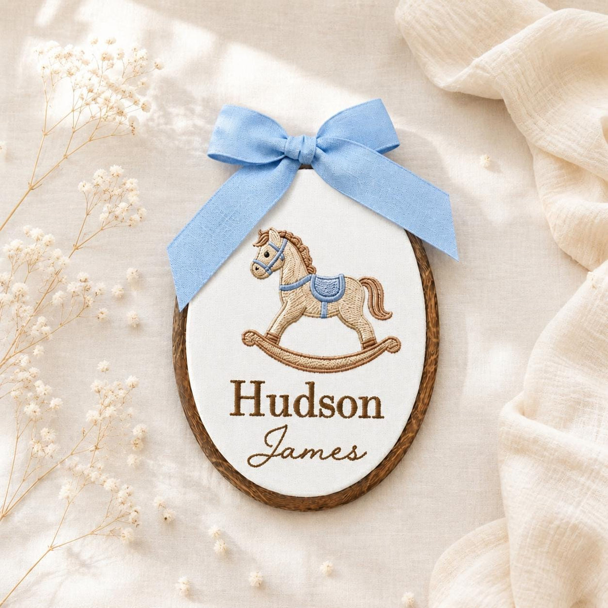Personalized Rocking Horse Baby Name Sign, Embroidered Vintage Nursery Wall Decor, Neutral Nursery Gift for Newborn