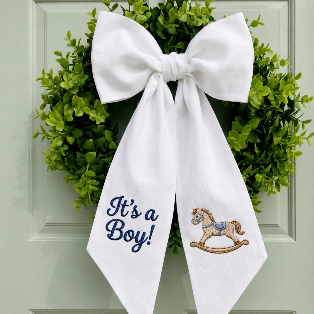 Embroidered Baby Announcement Bow, Newborn Baby Boy Baby Girl Bow Sash, Welcome Home Baby Decor, Hospital Door Bow, Rocking Horse Nursery